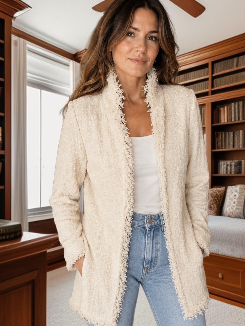 St. John Cream Fringed Open-Front Knit Jacket